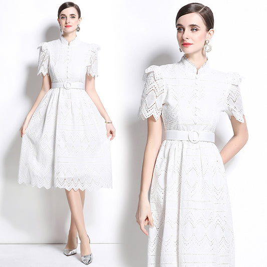CM-DY036508 Women Elegant European Style Stand Collar Short Sleeve Pinched Waist Midi Dress - White