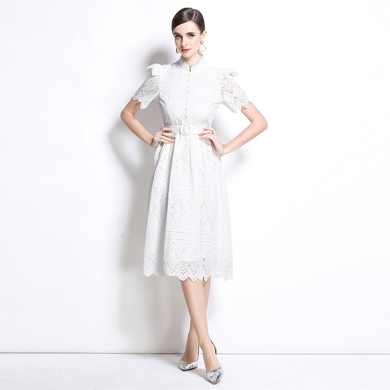 CM-DY036508 Women Elegant European Style Stand Collar Short Sleeve Pinched Waist Midi Dress - White