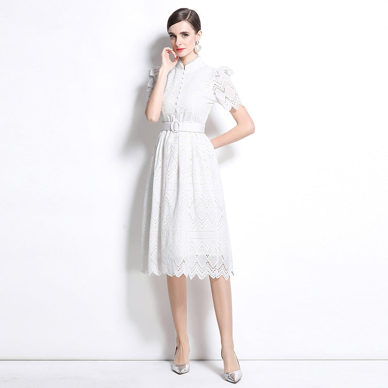 CM-DY036508 Women Elegant European Style Stand Collar Short Sleeve Pinched Waist Midi Dress - White