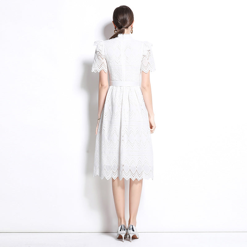 CM-DY036508 Women Elegant European Style Stand Collar Short Sleeve Pinched Waist Midi Dress - White