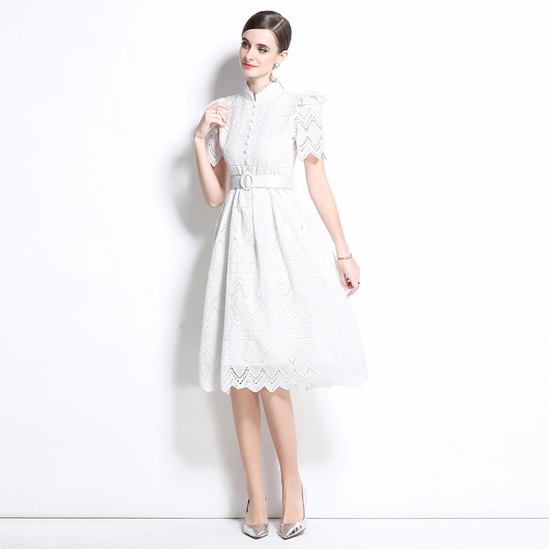 CM-DY036508 Women Elegant European Style Stand Collar Short Sleeve Pinched Waist Midi Dress - White