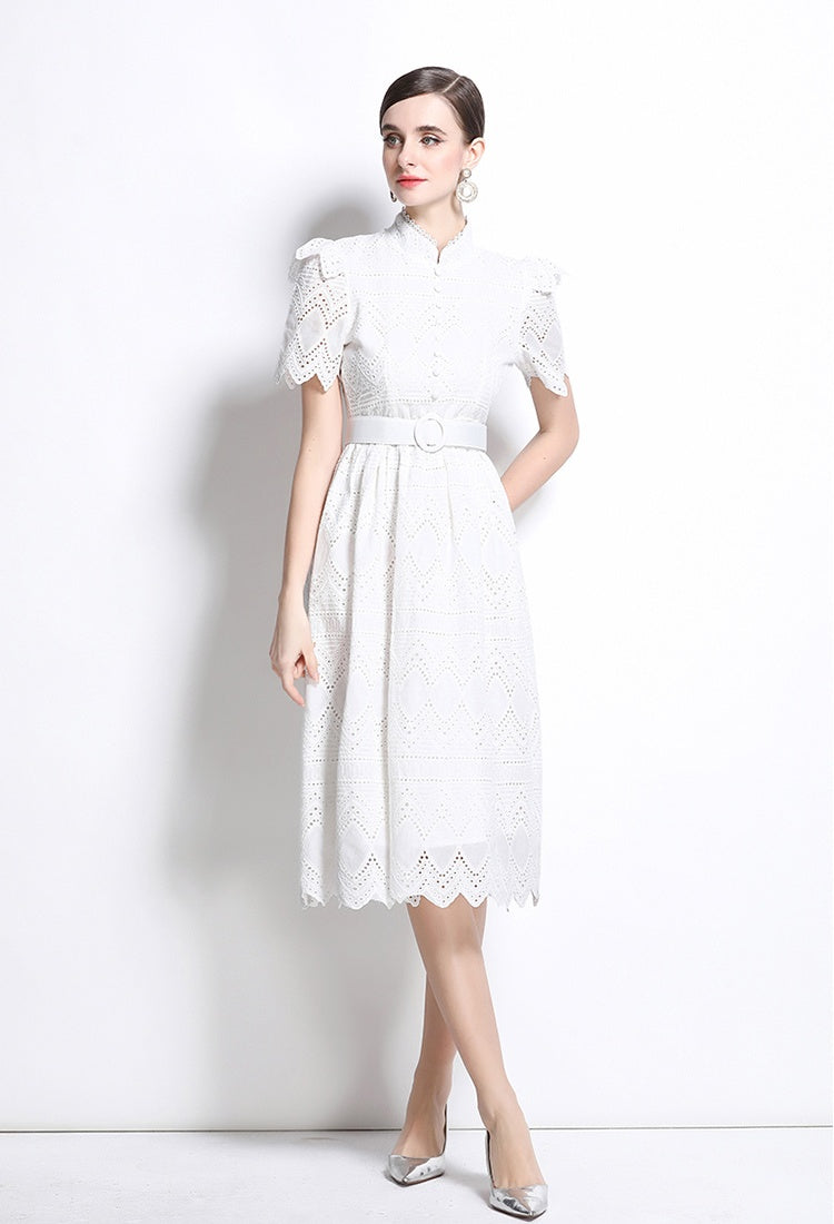 CM-DY036508 Women Elegant European Style Stand Collar Short Sleeve Pinched Waist Midi Dress - White