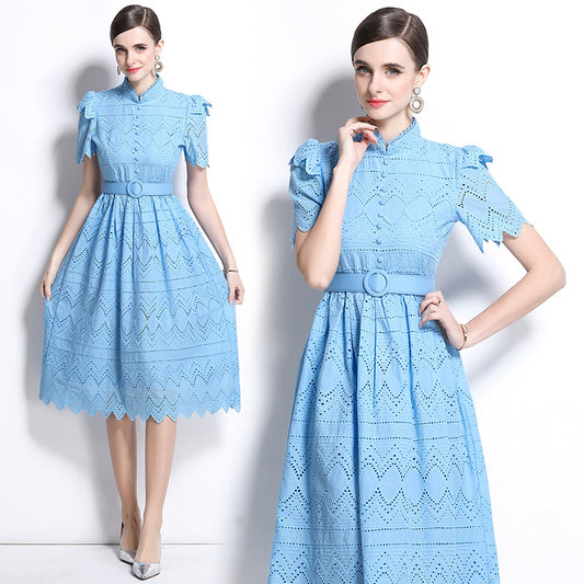 CM-DY036509 Women Elegant European Style Stand Collar Short Sleeve Pinched Waist Midi Dress - Blue