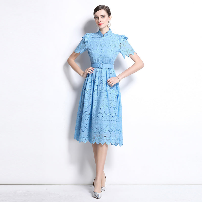 CM-DY036509 Women Elegant European Style Stand Collar Short Sleeve Pinched Waist Midi Dress - Blue