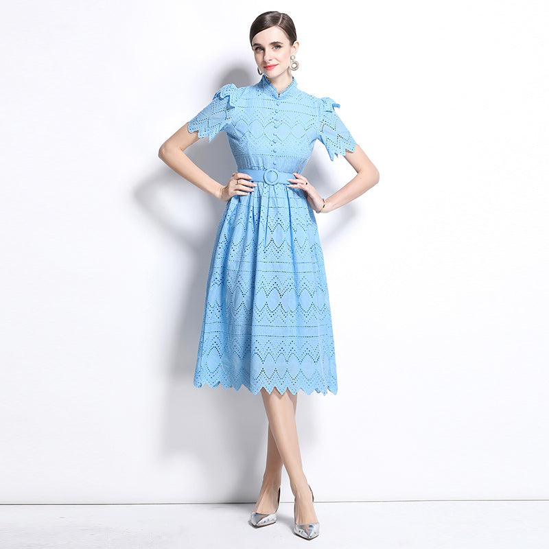 CM-DY036509 Women Elegant European Style Stand Collar Short Sleeve Pinched Waist Midi Dress - Blue