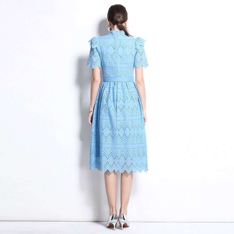 CM-DY036509 Women Elegant European Style Stand Collar Short Sleeve Pinched Waist Midi Dress - Blue