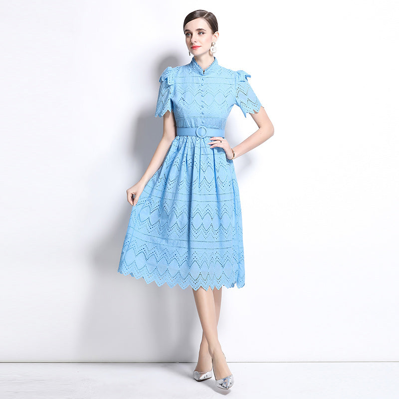 CM-DY036509 Women Elegant European Style Stand Collar Short Sleeve Pinched Waist Midi Dress - Blue