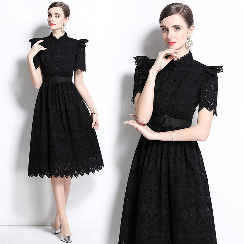 CM-DY036510 Women Elegant European Style Stand Collar Short Sleeve Pinched Waist Midi Dress - Black