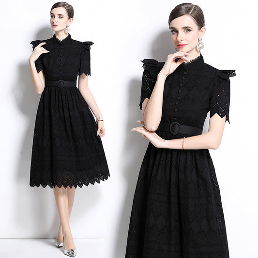 CM-DY036510 Women Elegant European Style Stand Collar Short Sleeve Pinched Waist Midi Dress - Black