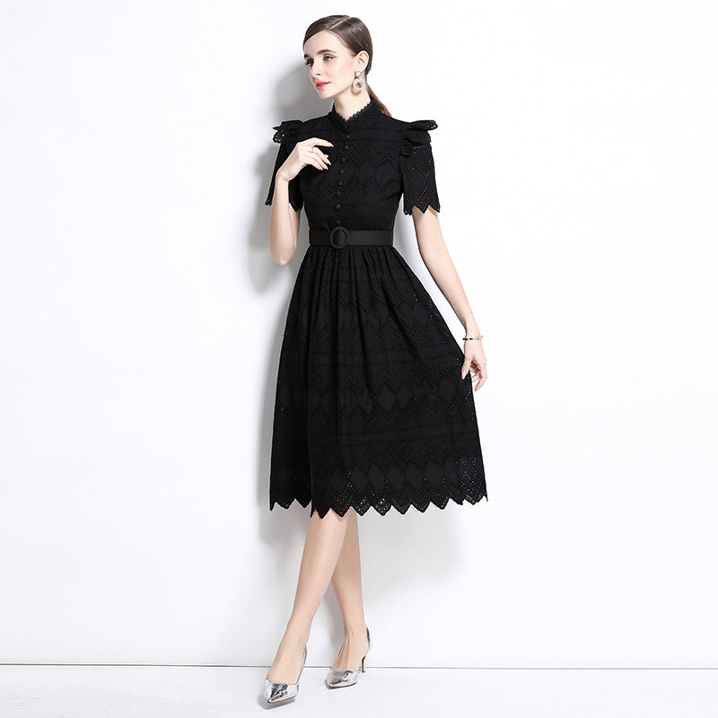 CM-DY036510 Women Elegant European Style Stand Collar Short Sleeve Pinched Waist Midi Dress - Black
