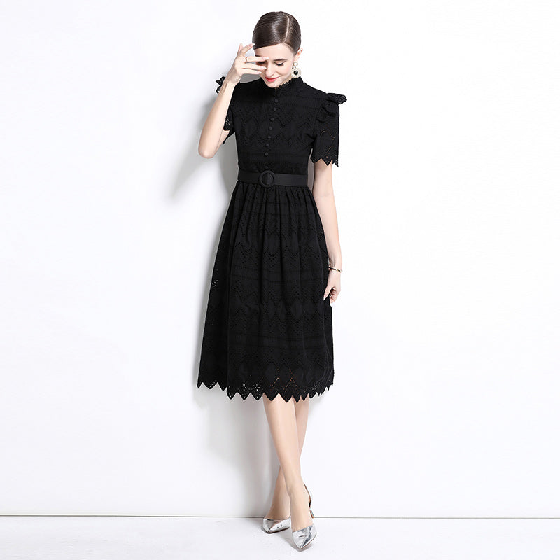 CM-DY036510 Women Elegant European Style Stand Collar Short Sleeve Pinched Waist Midi Dress - Black