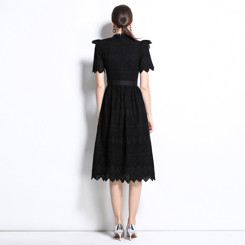 CM-DY036510 Women Elegant European Style Stand Collar Short Sleeve Pinched Waist Midi Dress - Black