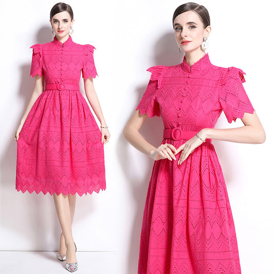 CM-DY036511 Women Elegant European Style Stand Collar Short Sleeve Pinched Waist Midi Dress - Pink