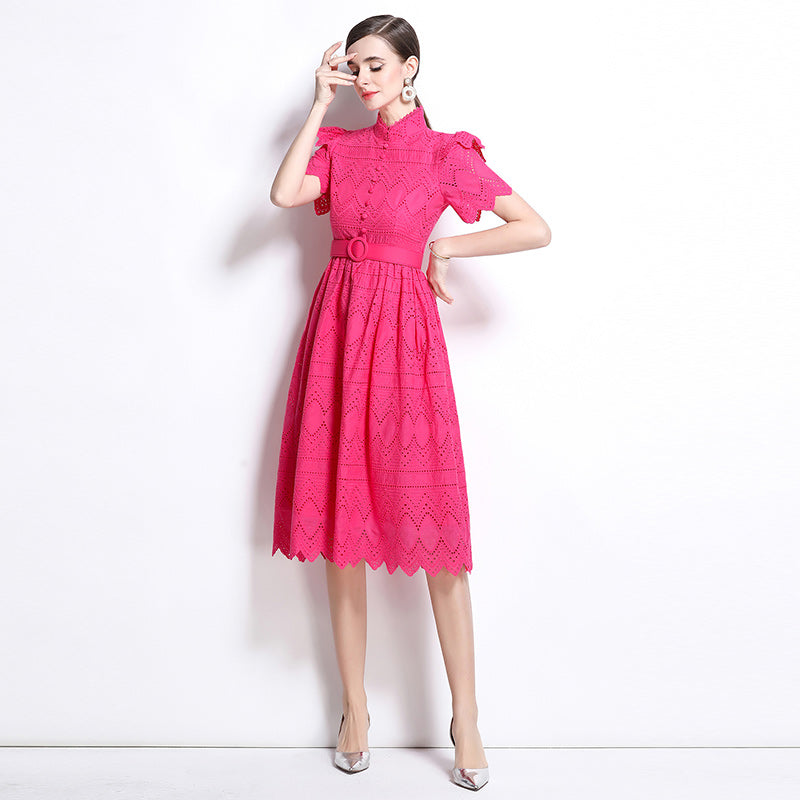 CM-DY036511 Women Elegant European Style Stand Collar Short Sleeve Pinched Waist Midi Dress - Pink