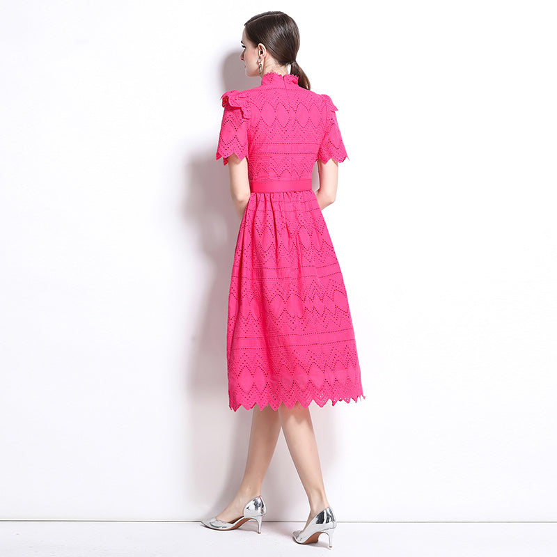 CM-DY036511 Women Elegant European Style Stand Collar Short Sleeve Pinched Waist Midi Dress - Pink