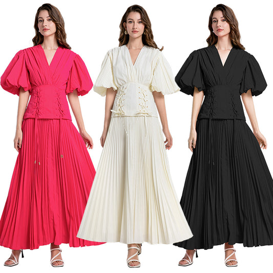 CM-DY036567 Women Elegant European Style V-Neck Puff Sleeve High Waist Long Dress (Available in 3 colors)