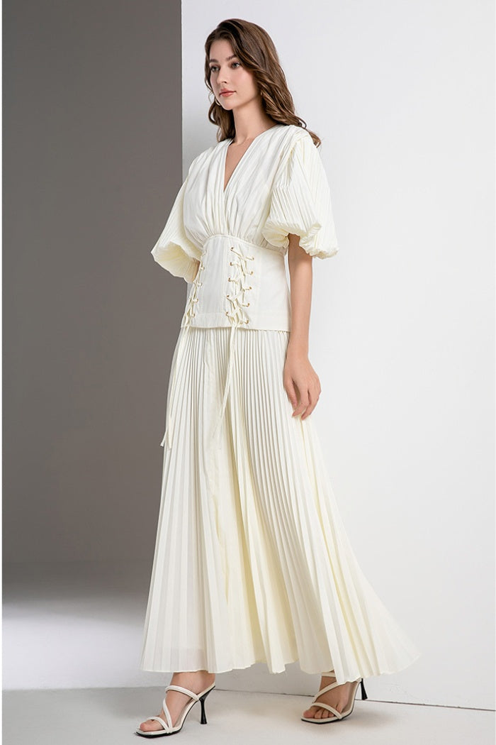 CM-DY036567 Women Elegant European Style V-Neck Puff Sleeve High Waist Long Dress (Available in 3 colors)