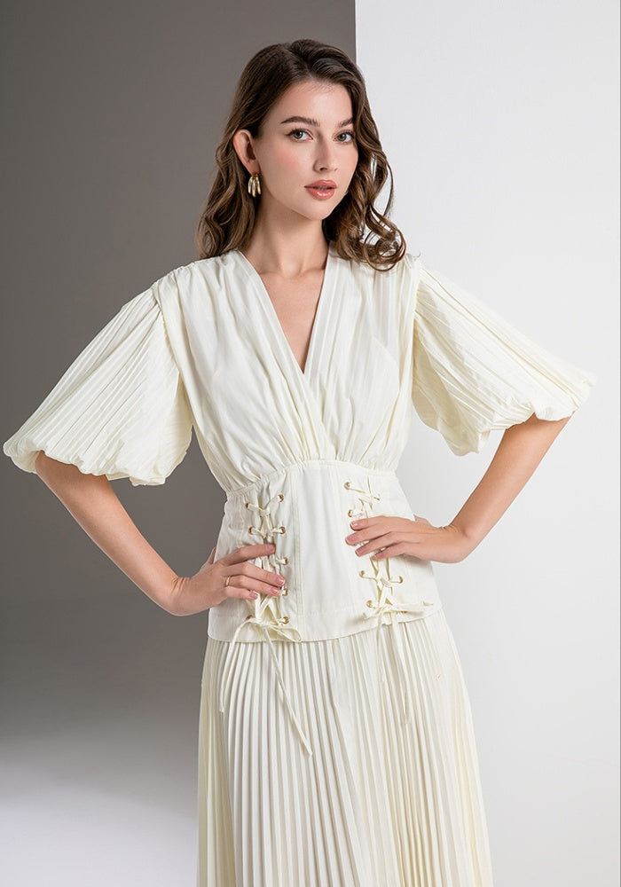 CM-DY036567 Women Elegant European Style V-Neck Puff Sleeve High Waist Long Dress (Available in 3 colors)