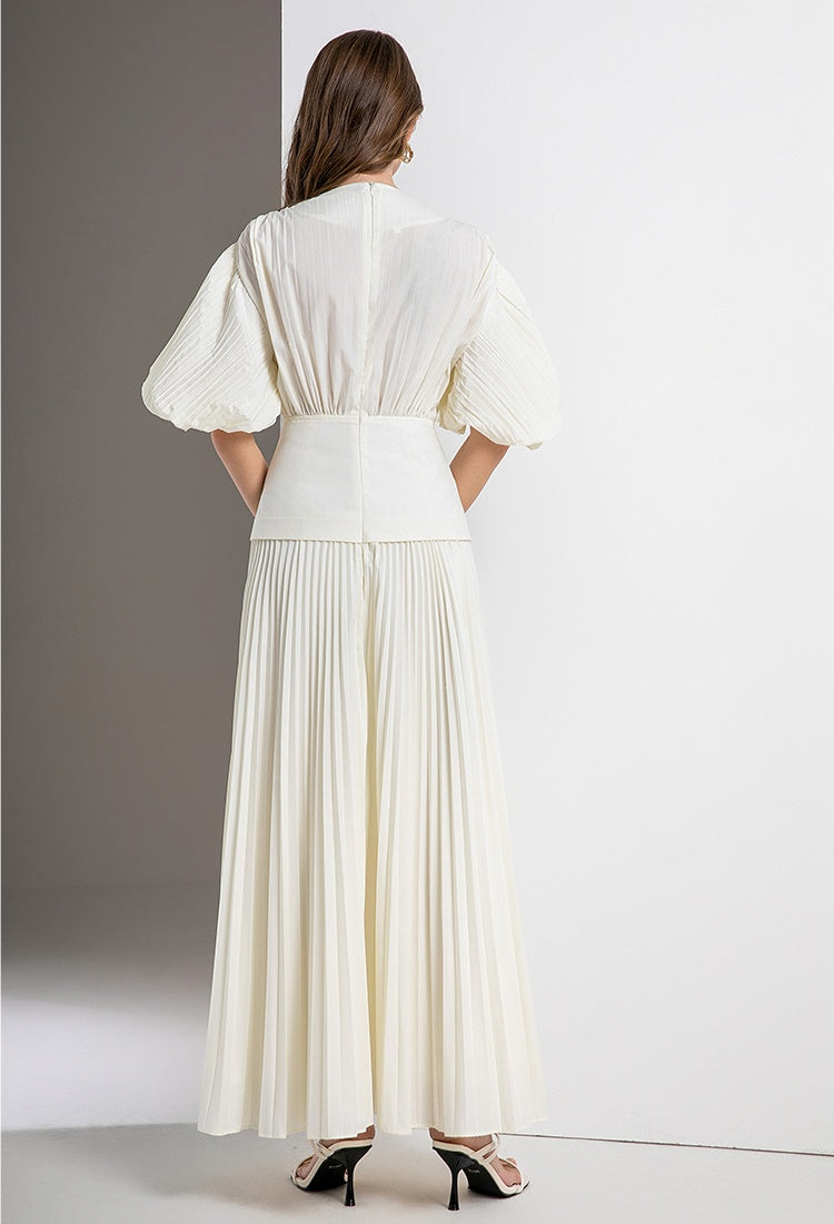 CM-DY036567 Women Elegant European Style V-Neck Puff Sleeve High Waist Long Dress (Available in 3 colors)