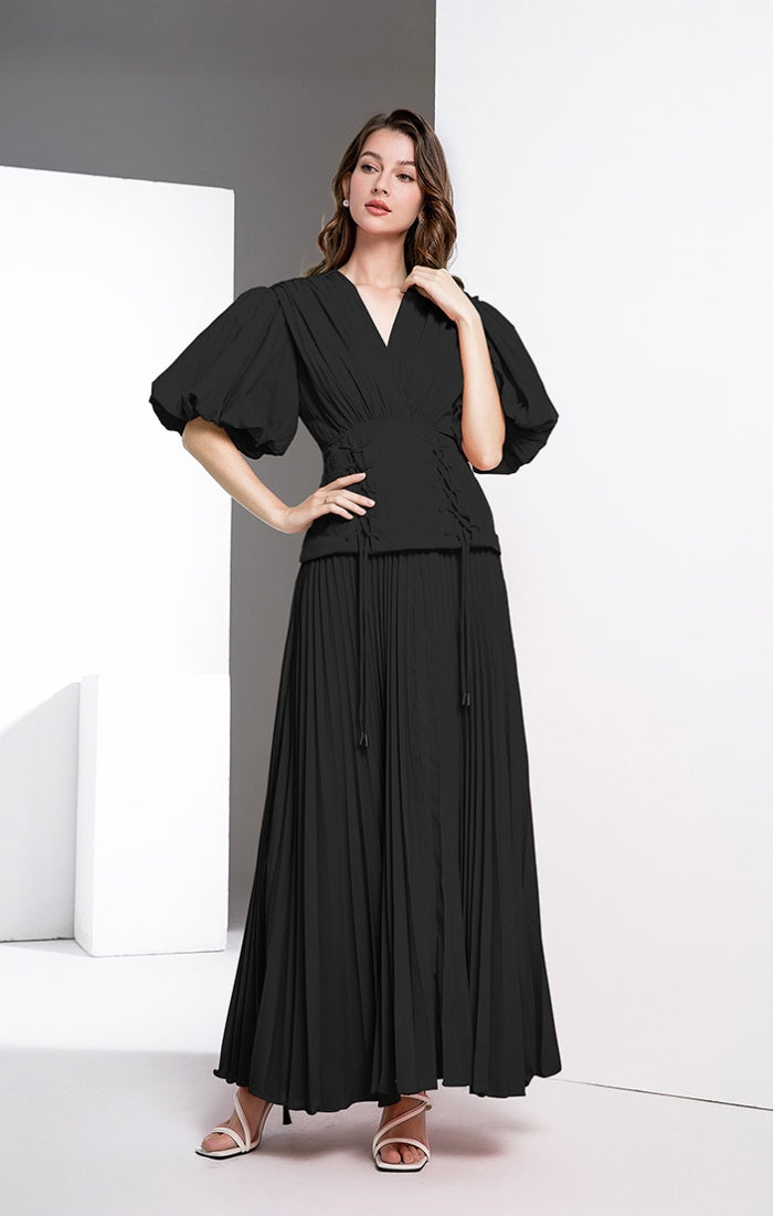 CM-DY036567 Women Elegant European Style V-Neck Puff Sleeve High Waist Long Dress (Available in 3 colors)