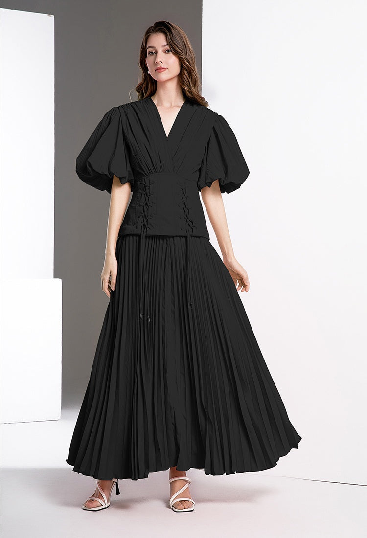 CM-DY036567 Women Elegant European Style V-Neck Puff Sleeve High Waist Long Dress (Available in 3 colors)