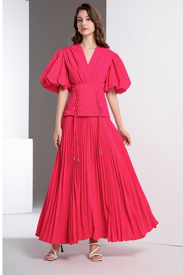 CM-DY036567 Women Elegant European Style V-Neck Puff Sleeve High Waist Long Dress (Available in 3 colors)