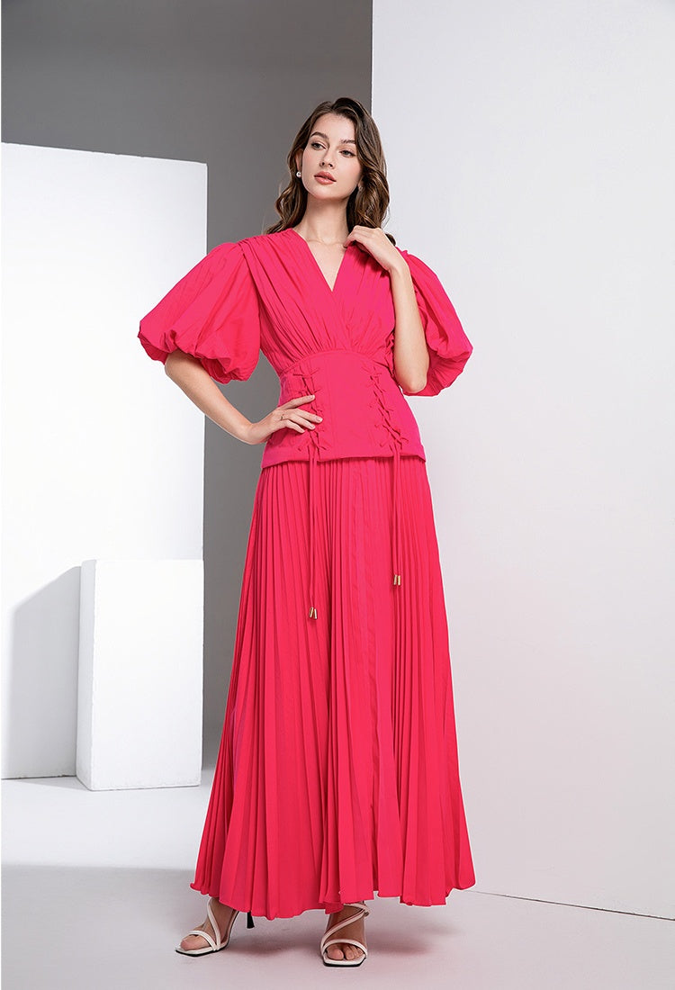 CM-DY036567 Women Elegant European Style V-Neck Puff Sleeve High Waist Long Dress (Available in 3 colors)
