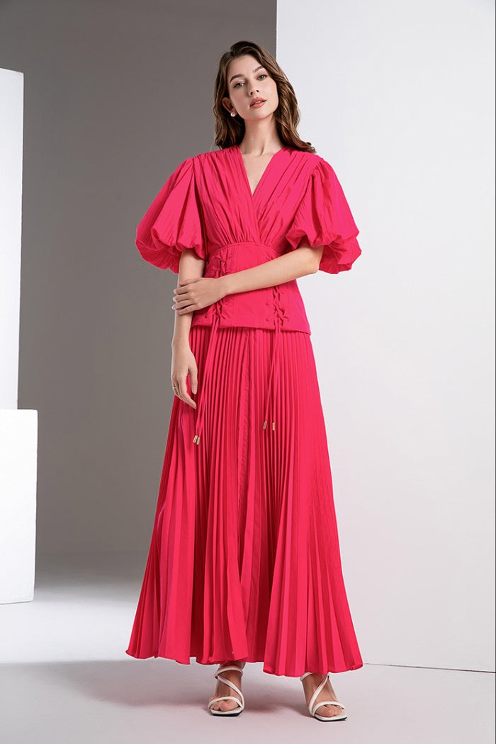 CM-DY036567 Women Elegant European Style V-Neck Puff Sleeve High Waist Long Dress (Available in 3 colors)