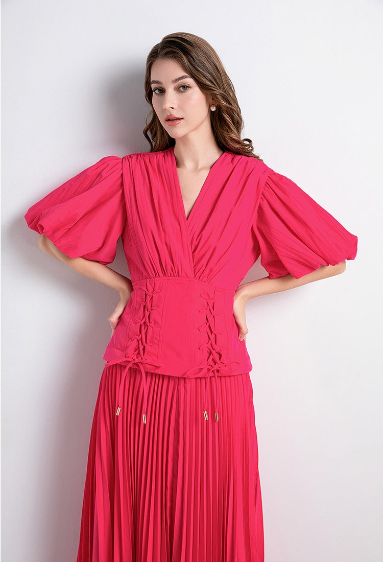 CM-DY036567 Women Elegant European Style V-Neck Puff Sleeve High Waist Long Dress (Available in 3 colors)