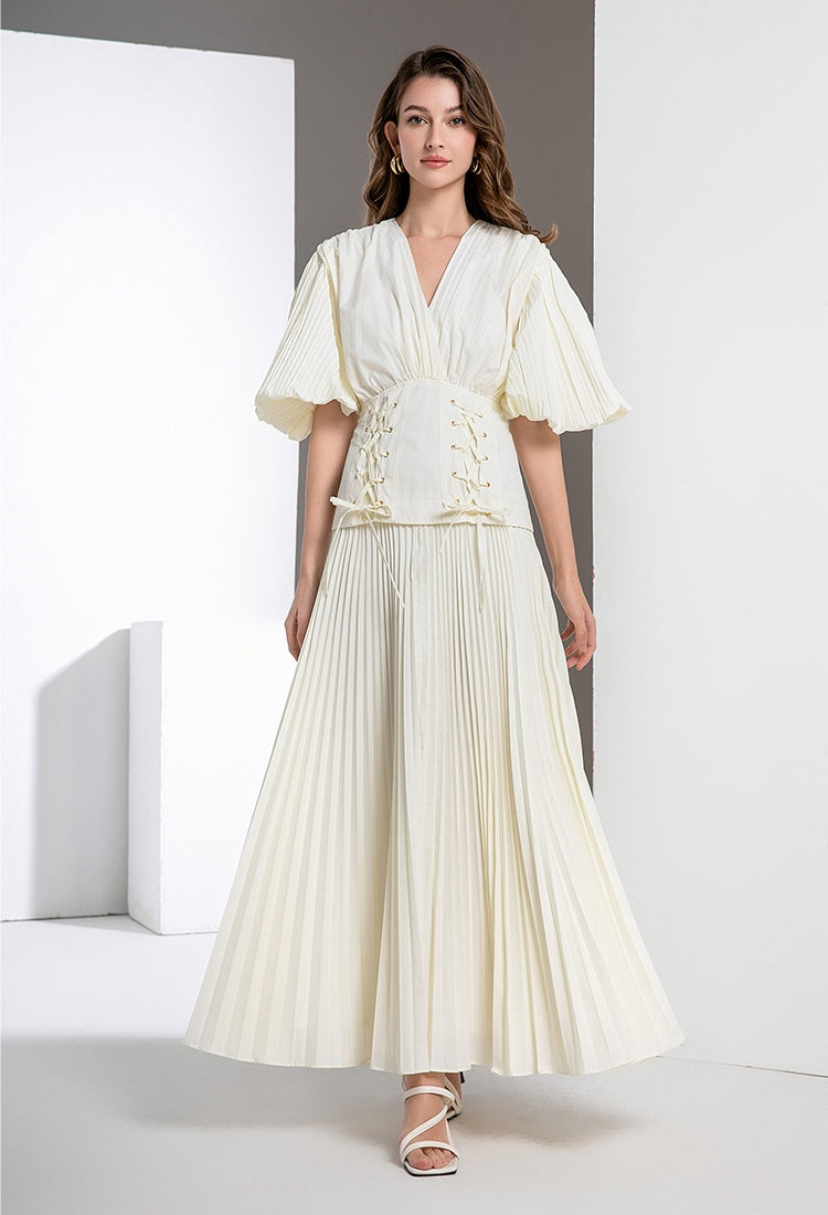 CM-DY036567 Women Elegant European Style V-Neck Puff Sleeve High Waist Long Dress (Available in 3 colors)