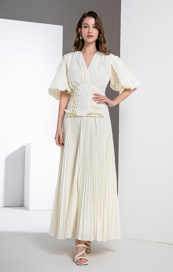 CM-DY036567 Women Elegant European Style V-Neck Puff Sleeve High Waist Long Dress (Available in 3 colors)