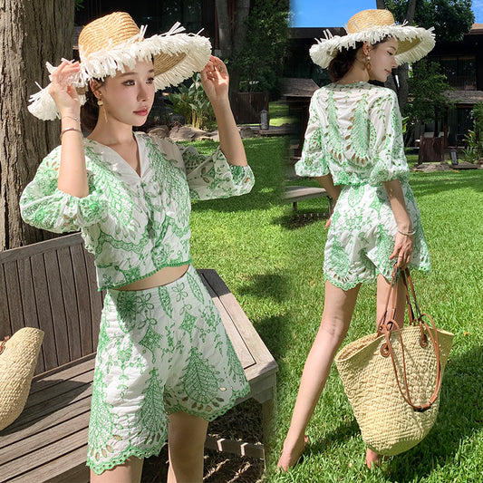 CM-SY036651 Women Trendy Bohemian Style Floral Embroidery Half Sleeve Top With Short Pants - Set