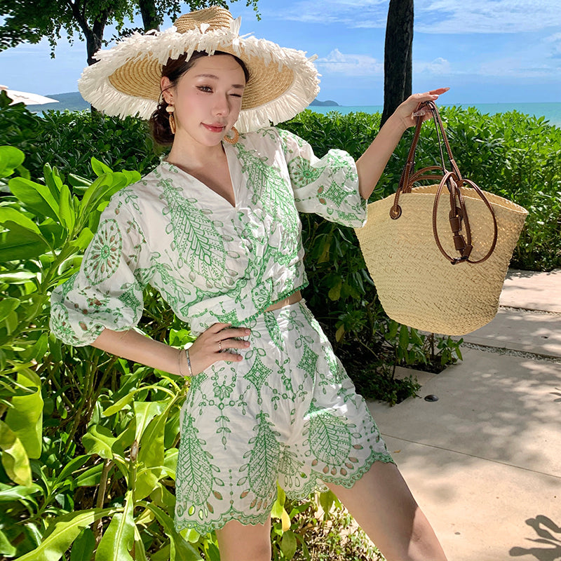 CM-SY036651 Women Trendy Bohemian Style Floral Embroidery Half Sleeve Top With Short Pants - Set