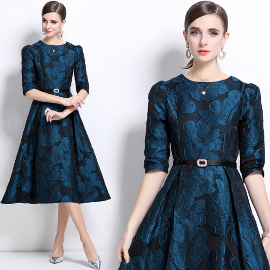 CM-DY036879 Women Elegant European Style Round Neck Half Sleeve A-Line Midi Dress - Blue