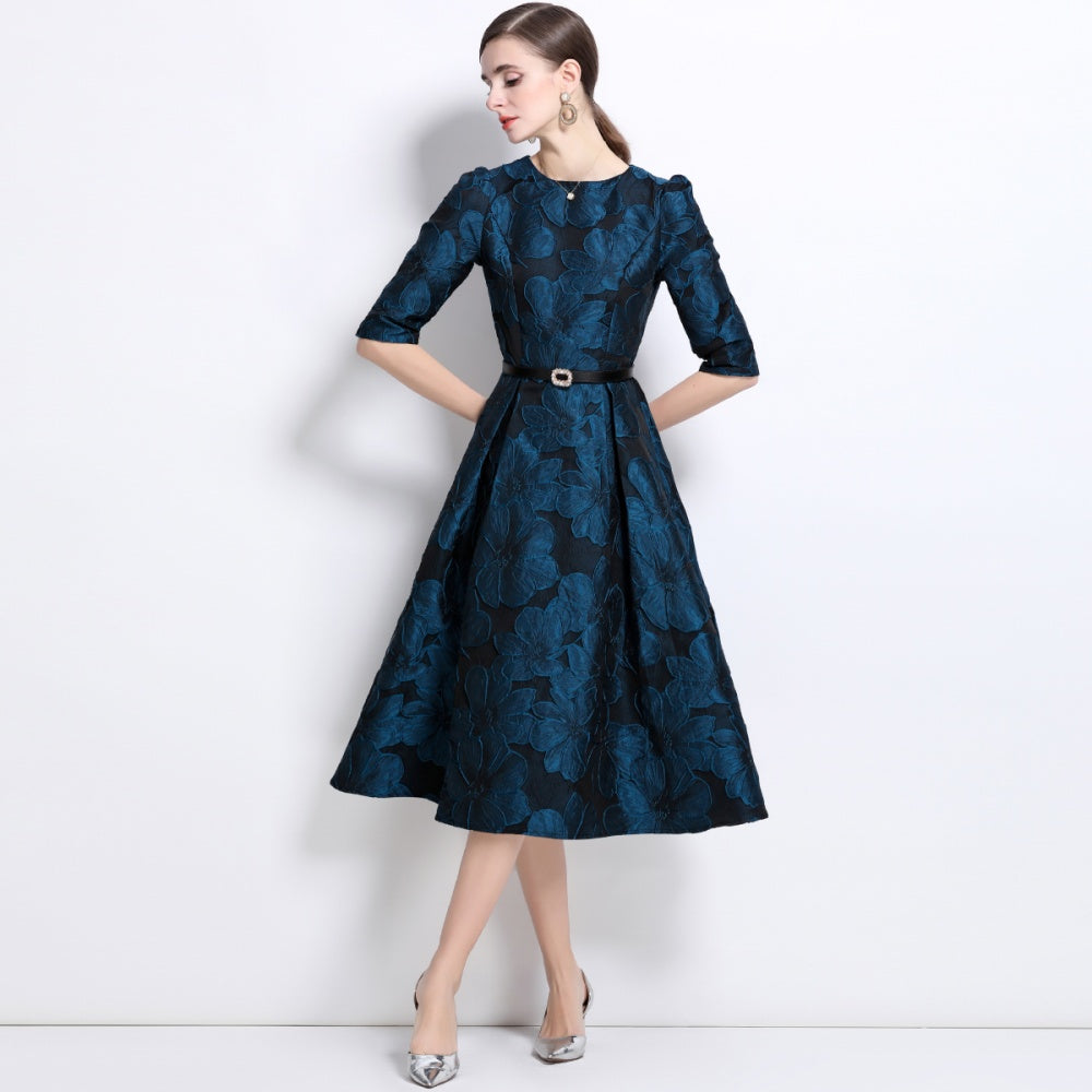CM-DY036879 Women Elegant European Style Round Neck Half Sleeve A-Line Midi Dress - Blue