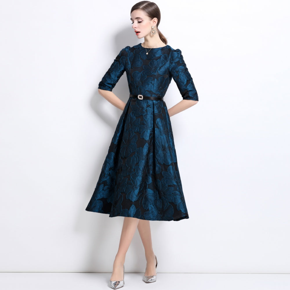CM-DY036879 Women Elegant European Style Round Neck Half Sleeve A-Line Midi Dress - Blue