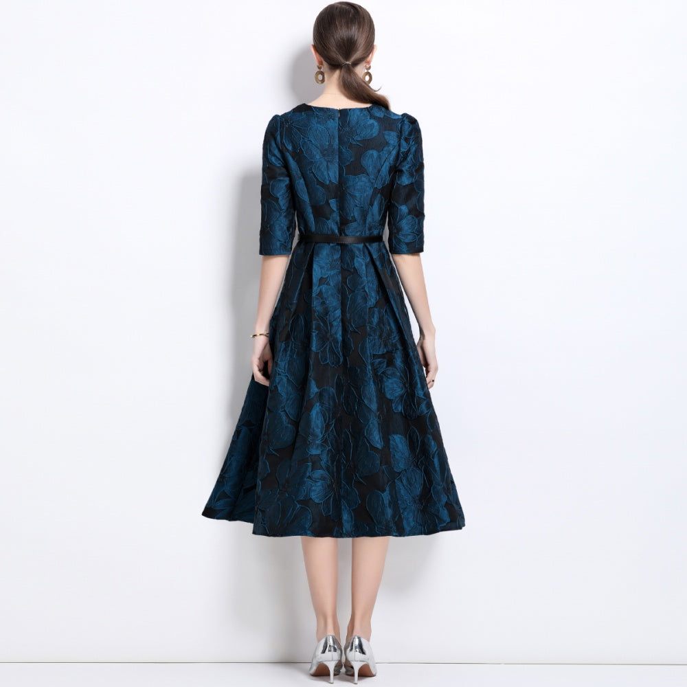 CM-DY036879 Women Elegant European Style Round Neck Half Sleeve A-Line Midi Dress - Blue