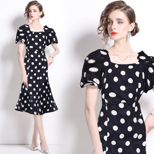 CM-DY036903 Women Elegant European Style Bow Square Collar Short Sleeve Midi Dress - Black