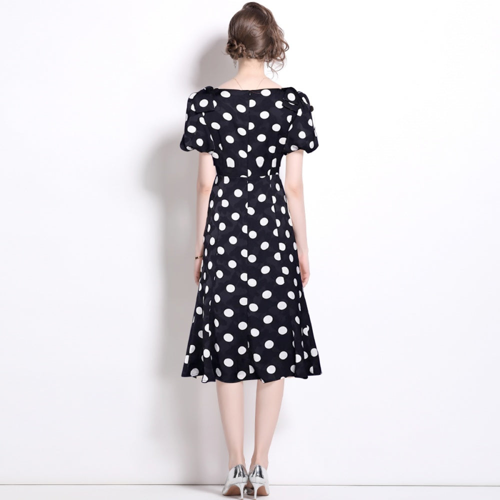 CM-DY036903 Women Elegant European Style Bow Square Collar Short Sleeve Midi Dress - Black