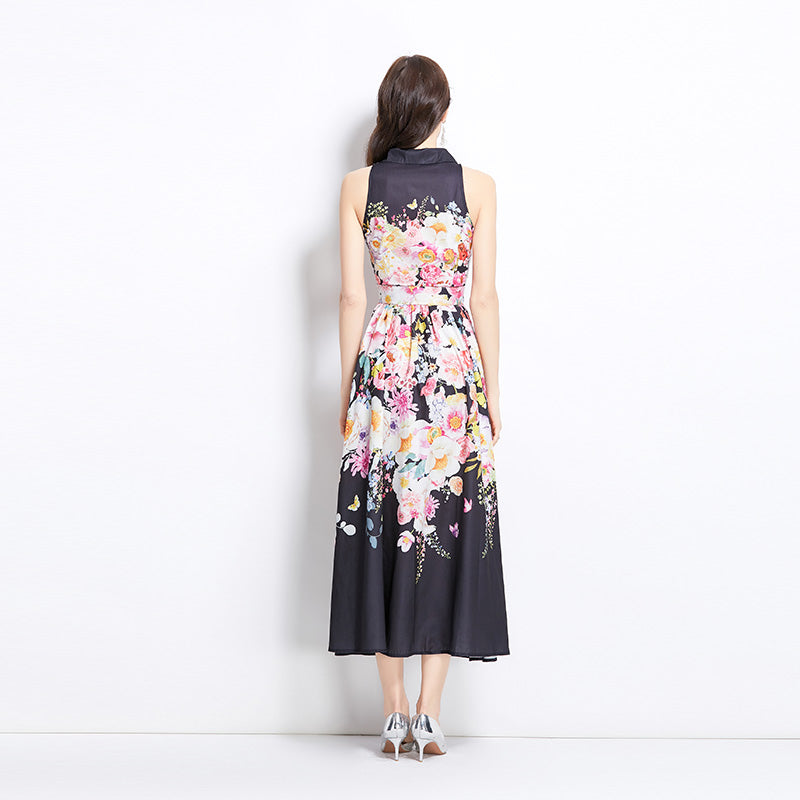 CM-DY036998 Women Elegant European Style Floral Print Halter Neckline Sleeveless Midi Dress