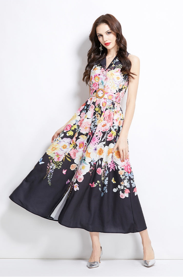 CM-DY036998 Women Elegant European Style Floral Print Halter Neckline Sleeveless Midi Dress