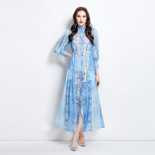 CM-DY037008 Women Elegant European Style Stand Collar Long Sleeve Midi Dress - Sky Blue