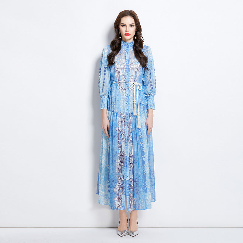 CM-DY037008 Women Elegant European Style Stand Collar Long Sleeve Midi Dress - Sky Blue