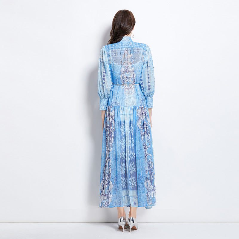 CM-DY037008 Women Elegant European Style Stand Collar Long Sleeve Midi Dress - Sky Blue