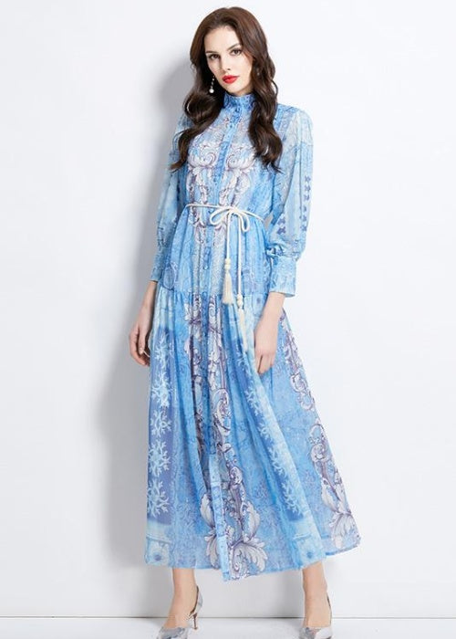 CM-DY037008 Women Elegant European Style Stand Collar Long Sleeve Midi Dress - Sky Blue