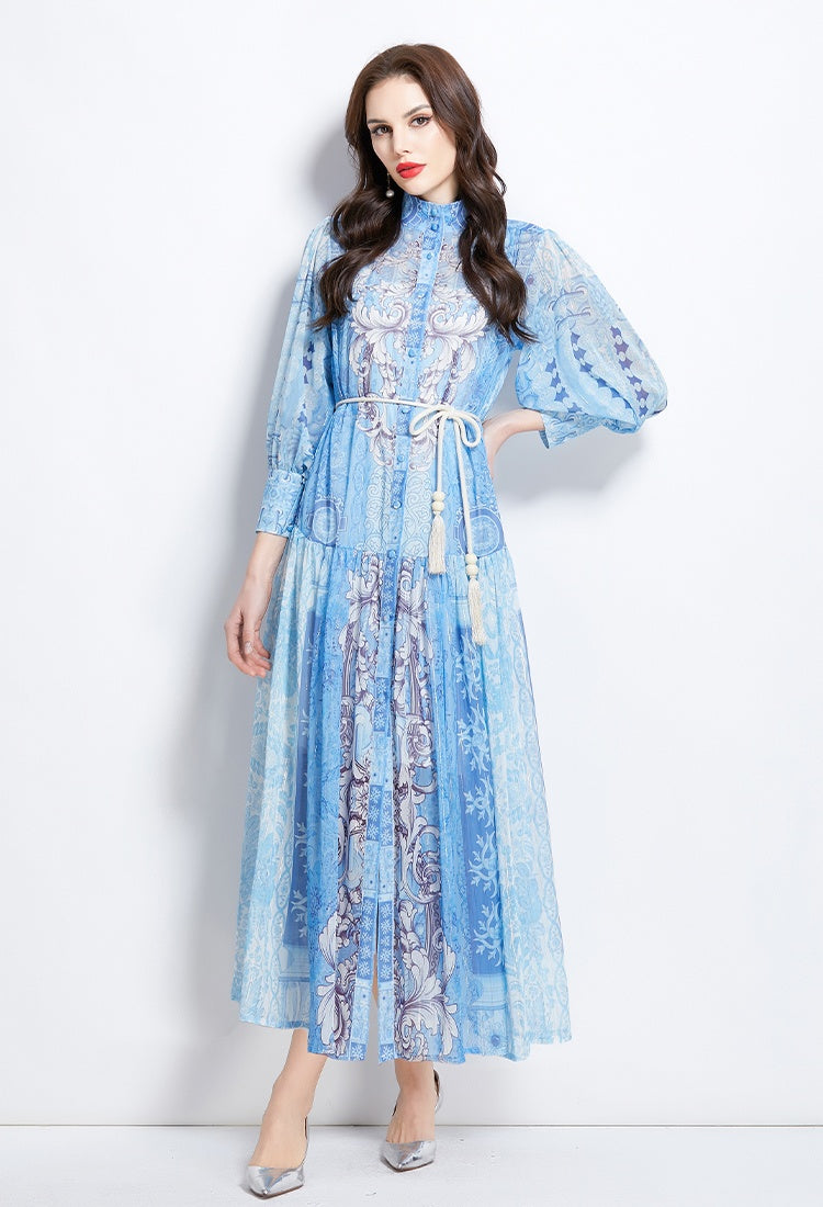 CM-DY037008 Women Elegant European Style Stand Collar Long Sleeve Midi Dress - Sky Blue