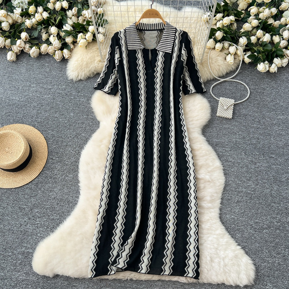 CM-DY037081 Women Casual Seoul Style Collar Neckline Short Sleeve Loose Knitted Midi Dress (Available in 3 colors)