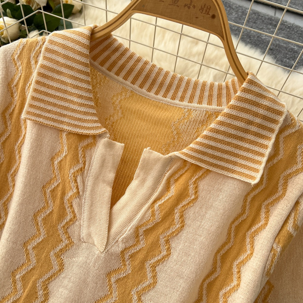 CM-DY037081 Women Casual Seoul Style Collar Neckline Short Sleeve Loose Knitted Midi Dress (Available in 3 colors)