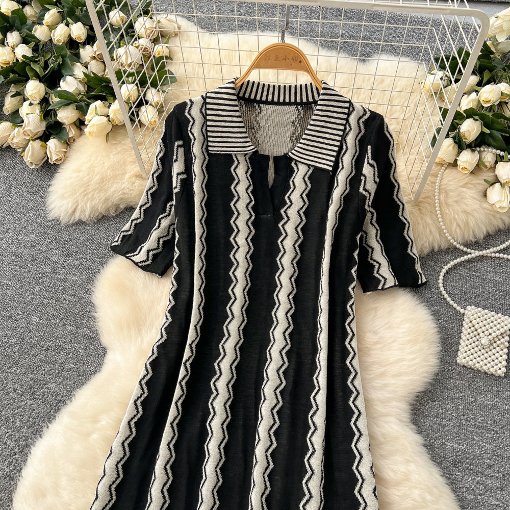CM-DY037081 Women Casual Seoul Style Collar Neckline Short Sleeve Loose Knitted Midi Dress (Available in 3 colors)