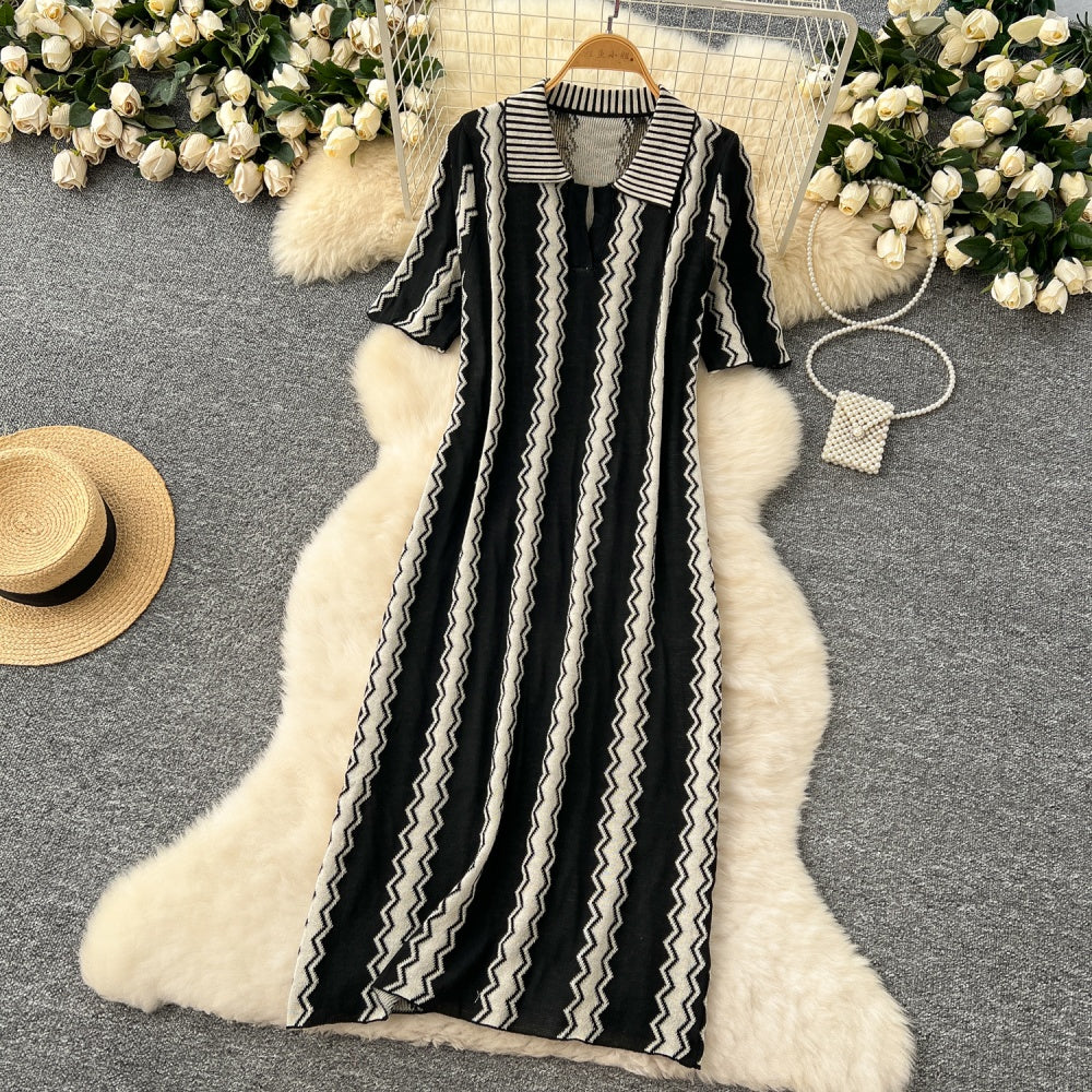 CM-DY037081 Women Casual Seoul Style Collar Neckline Short Sleeve Loose Knitted Midi Dress (Available in 3 colors)